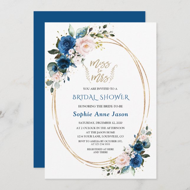 Blue Pink Floral Gold Miss To Mrs Bridal Shower Invitation (Front/Back)