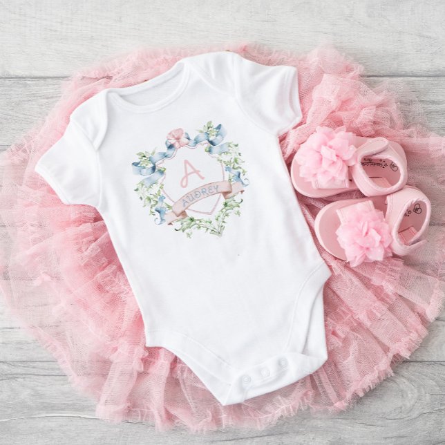 Blue & Pink Floral Grandmillennial Monogram Crest  Baby Bodysuit (Creator Uploaded)