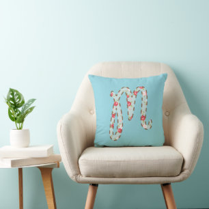 Blue Pink Floral Letter M Cushion