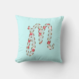 Blue Pink Floral Letter M Cushion