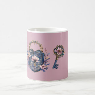 Blue Pink Floral Lock & Key Coffee Mug