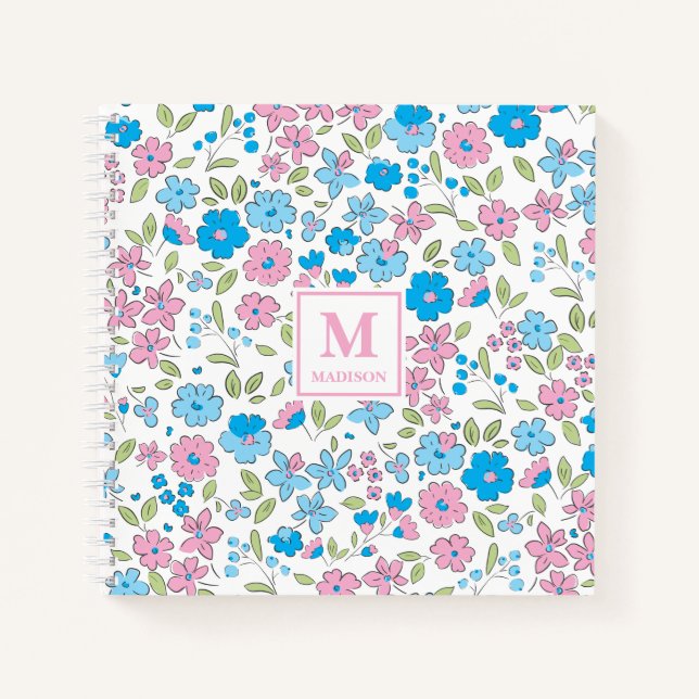 Blue Pink Floral Monogram Notebook Journal (Front)