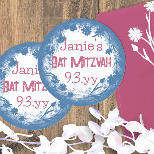 Blue Pink Floral Personalised Bat Mitzvah Stickers