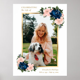 Blue Pink Floral Photo Celebration of Life Poster