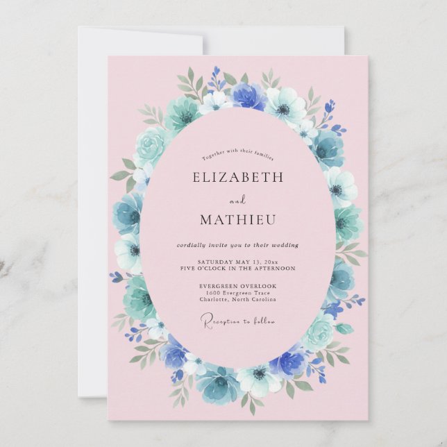Blue Pink Floral Romance Wedding Invitation (Front)