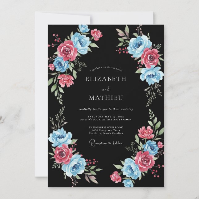 Blue Pink Floral Romantic Wedding Invitation (Front)