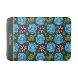 Blue pink floral seamless pattern personalised  bath mat