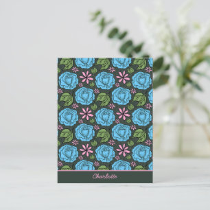 Blue pink floral seamless pattern personalised postcard