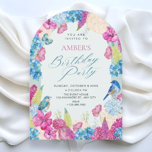 Blue pink floral spring garden birthday invitation