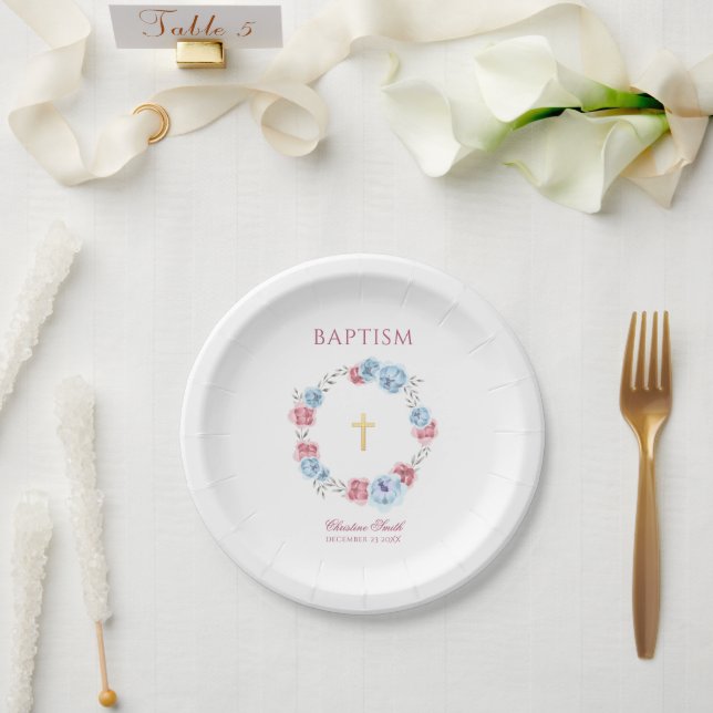 Blue Pink Floral Watercolor Baptism Christening Paper Plate (Wedding)
