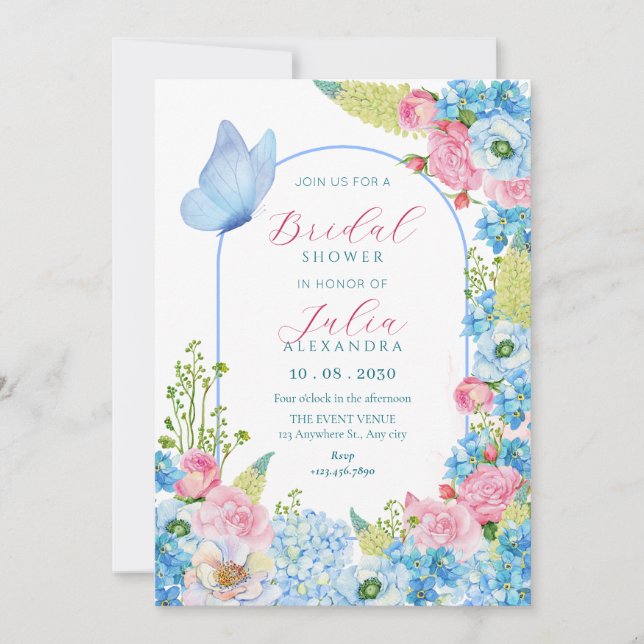 Blue pink flower bloom butterfly bridal shower invitation (Front)
