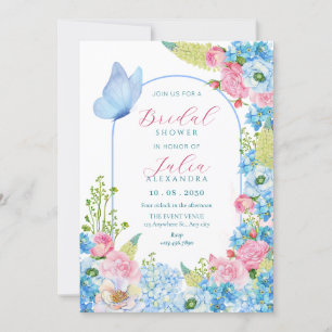 Blue pink flower bloom butterfly bridal shower invitation