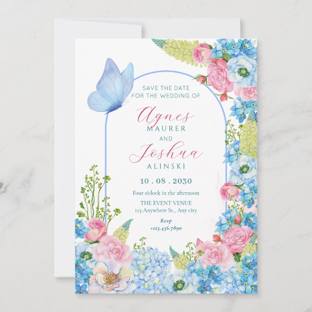 Blue pink flower bloom butterfly wedding  invitation (Front)