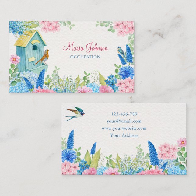 Blue pink flowers bird  business card (Front/Back)