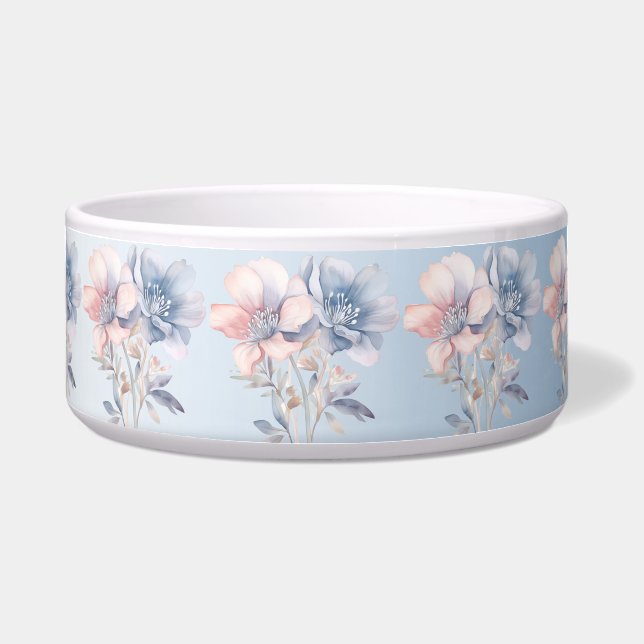 Blue Pink Flowers Ceramic Pet Bowl (Front)