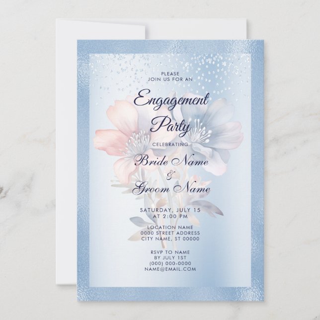 Blue Pink Flowers Engagement Invitation (Front)