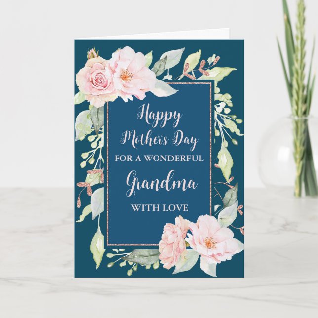 Blue Pink Flowers Grandma Happy Mother's Card (Front)