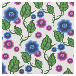 Blue/pink flowers/green leaves/Folk floral Fabric