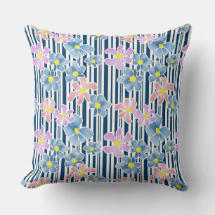 Blue pink flowers on striped white-blue background cushion