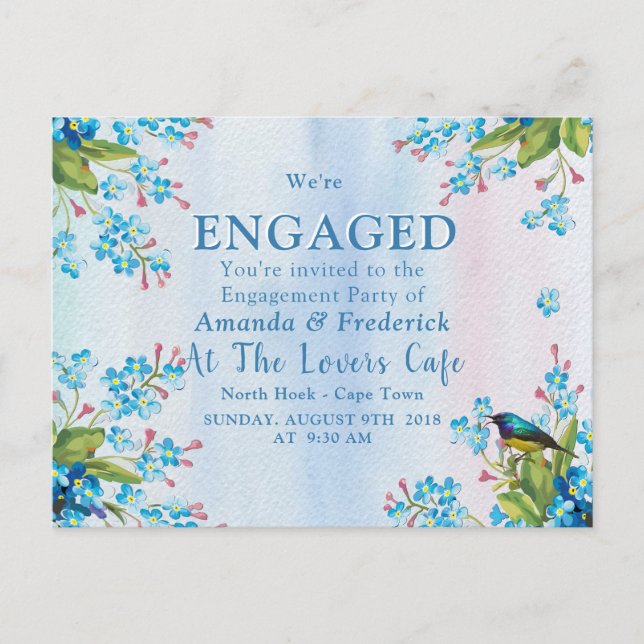 Blue-pink Forget-me-not's Engagement Invitation Postcard (Front)