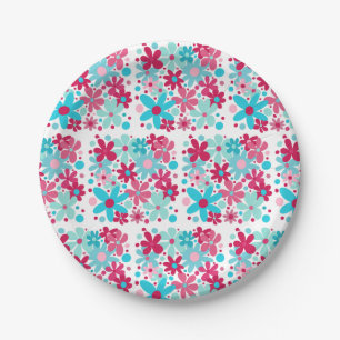 Blue & pink funky flowers paper plate