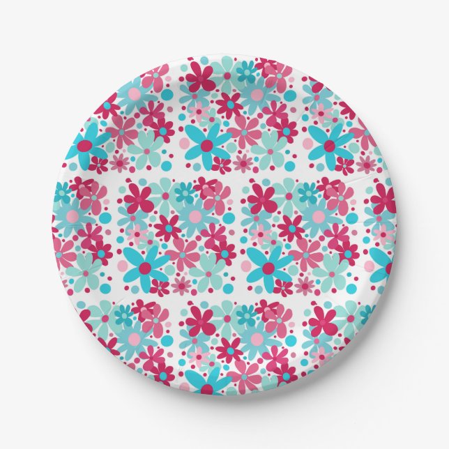 Blue & pink funky flowers  paper plate (Front)