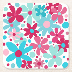Blue & pink funky flowers  square paper coaster