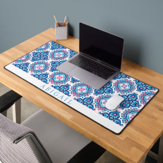 Blue pink geometric Mediterranean tile pattern Desk Mat