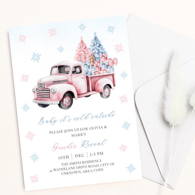 Blue Pink Gifts Christmas truck Gender Reveal Invitation (Creator Uploaded)