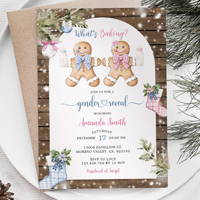 Blue Pink Gingham Woods Gingerbread Gender Reveal Invitation (Creator Uploaded)