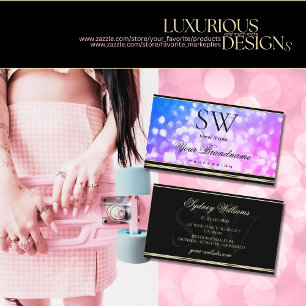Blue Pink Glitter Black and Golden Border Monogram Business Card
