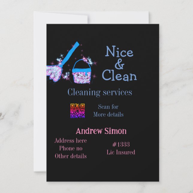 Blue pink glitter clean mop add name address q r b invitation (Front)