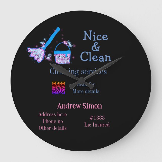 Blue pink glitter clean mop add name address q r b large clock (Front)