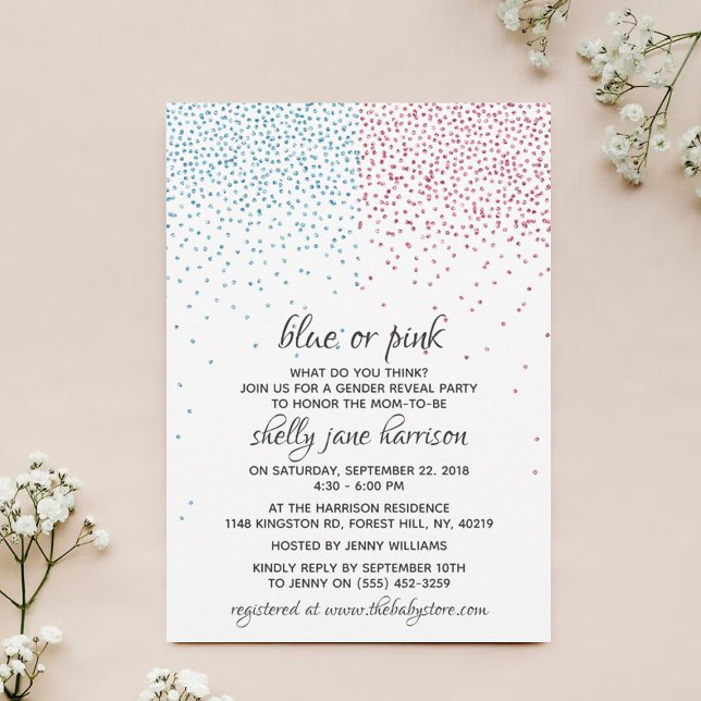 Blue & Pink Glitter Confetti Gender Reveal Party Invitation (Creator Uploaded)