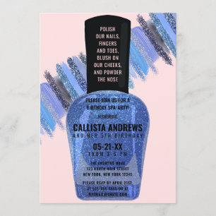 Blue Pink Glitter Nail Polish Spa Day Birthday Invitation