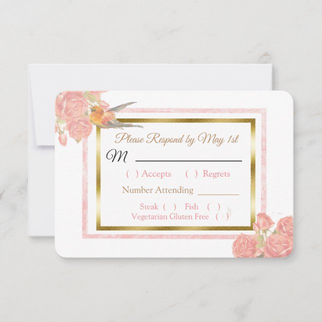 Blue PInk Gold Bird & Floral Wedding RSVP card (Front)
