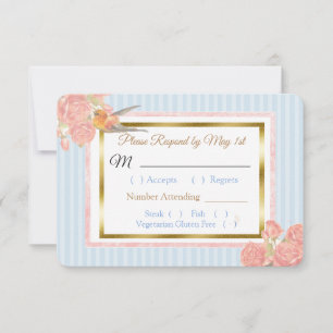 Blue PInk Gold Bird & Floral Wedding RSVP card