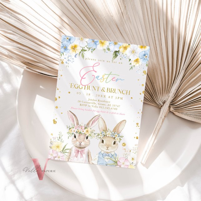 Blue Pink Gold Floral Easter Egg Hunt & Brunch  Invitation (Creator Uploaded)