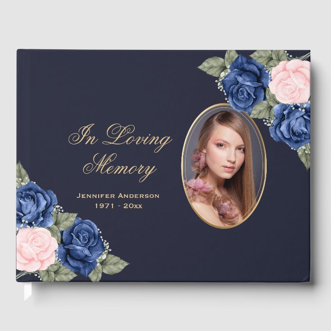 Blue Pink Gold Floral Photo Memorial Funeral Guest Book (Front)