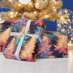 Blue Pink Gold Light Trees Modern Christmas Wrapping Paper