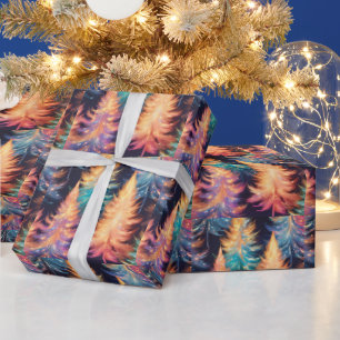 Blue Pink Gold Light Trees Modern Christmas Wrapping Paper
