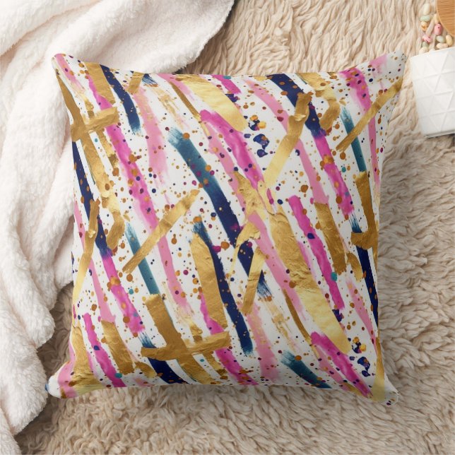 Blue Pink Gold Paint Stripes Abstract Pattern Cushion (Blanket)