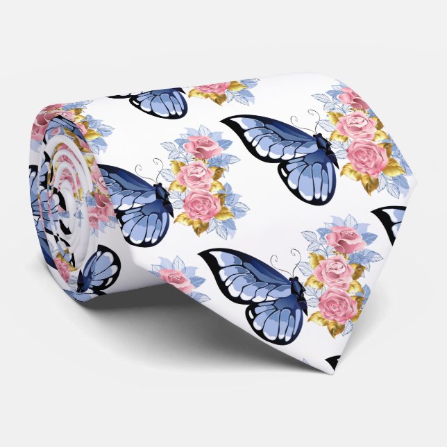 Blue Pink Gold Rose Butterfly Pattern Tie (Rolled)