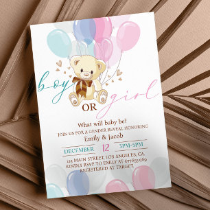Blue Pink Gold Teddy Bear Baby Shower Invitation 