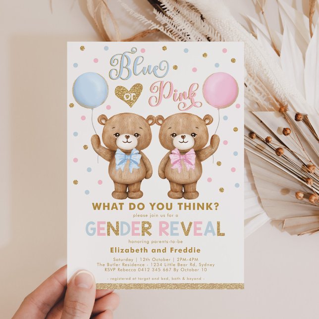 Blue Pink Gold Teddy Bear Gender Reveal Baby Invitation (Creator Uploaded)