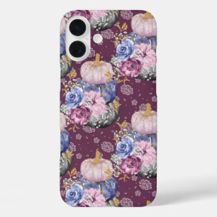 BLUE PINK GRAY HALLOWEEN PUMPKINS & FLOWERS iPhone 16 PLUS CASE