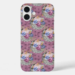 BLUE PINK GRAY HALLOWEEN PUMPKINS & FLOWERS iPhone 16 PLUS CASE