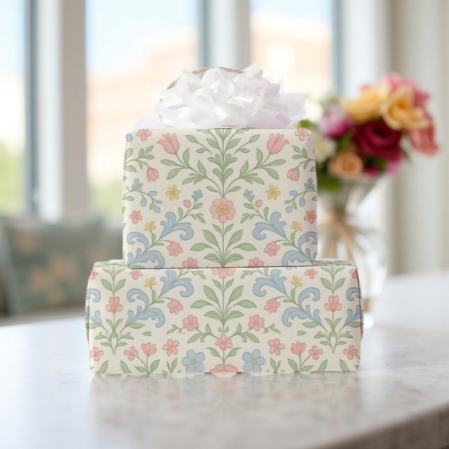 Blue Pink Green Floral Classic Grandmillennial  Wrapping Paper (Creator Uploaded)