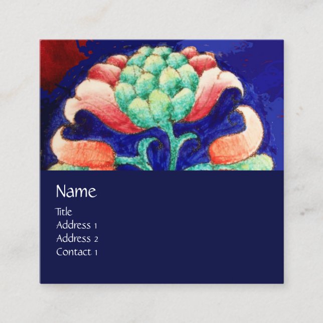 BLUE PINK GREEN FLORAL MONOGRAM Stylised Flower Square Business Card (Front)