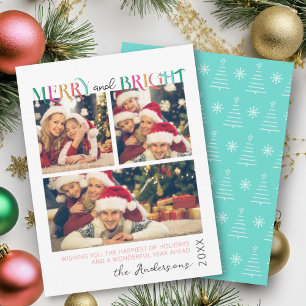 Blue Pink Green Merry and Bright Snowflake 3 Photo Holiday Card